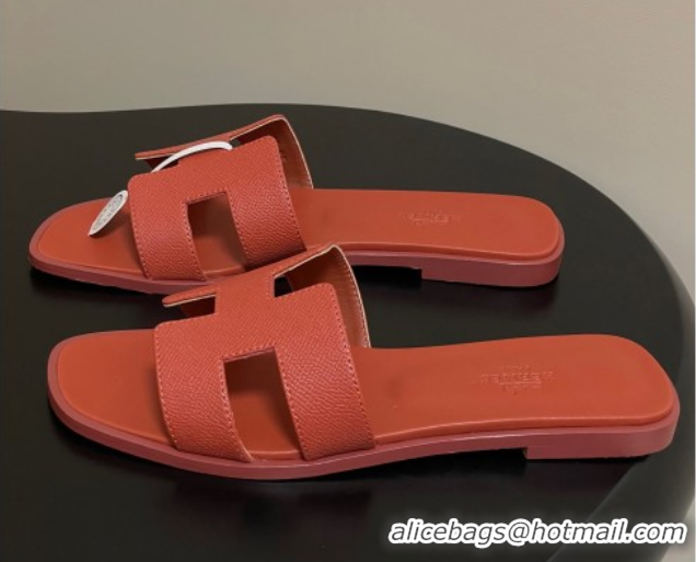 Shop Duplicate Hermes Oran Classic Flat Slides Sandal in Palm-Grained Calfskin Brown 0819022