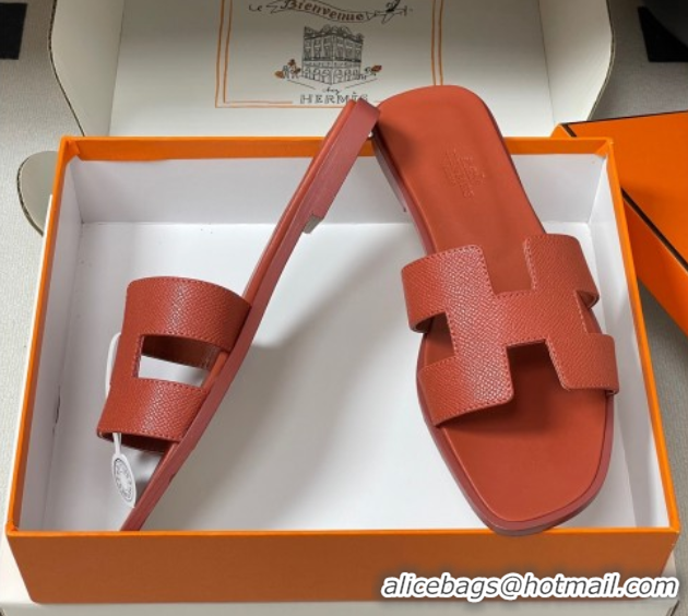 Shop Duplicate Hermes Oran Classic Flat Slides Sandal in Palm-Grained Calfskin Brown 0819022