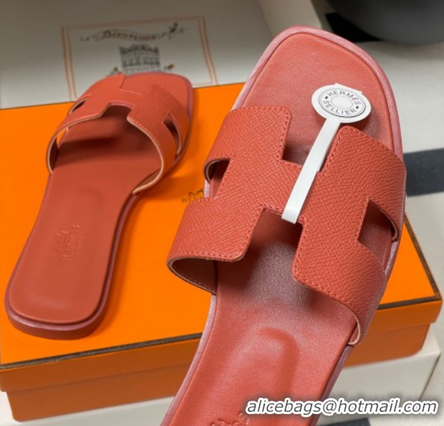 Shop Duplicate Hermes Oran Classic Flat Slides Sandal in Palm-Grained Calfskin Brown 0819022
