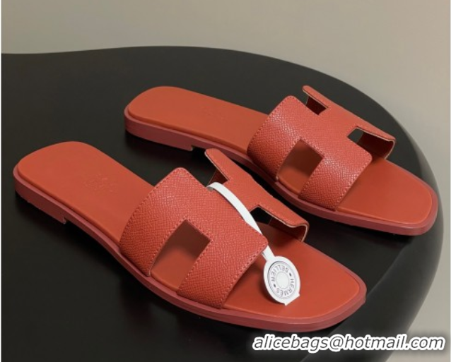 Shop Duplicate Hermes Oran Classic Flat Slides Sandal in Palm-Grained Calfskin Brown 0819022