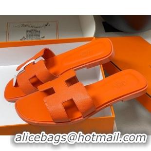 Charming Hermes Oran Classic Flat Slides Sandal in Palm-Grained Calfskin Orange 0819023