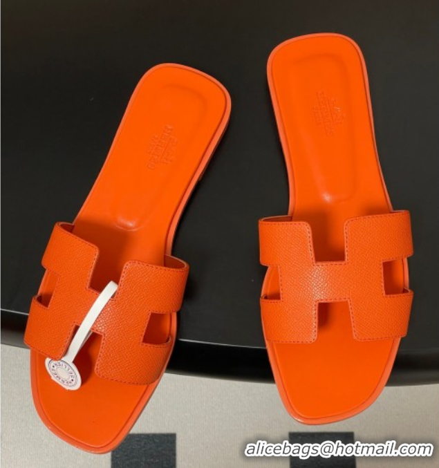Charming Hermes Oran Classic Flat Slides Sandal in Palm-Grained Calfskin Orange 0819023