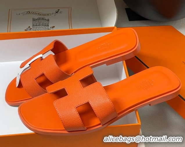 Charming Hermes Oran Classic Flat Slides Sandal in Palm-Grained Calfskin Orange 0819023