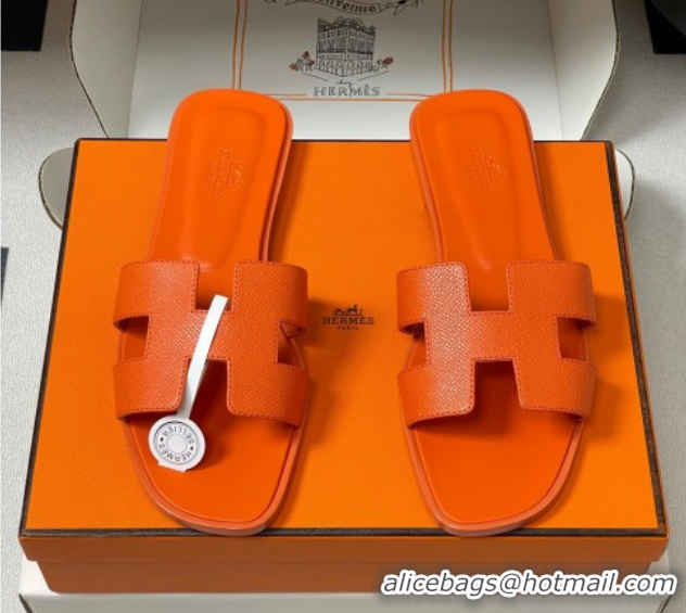 Charming Hermes Oran Classic Flat Slides Sandal in Palm-Grained Calfskin Orange 0819023