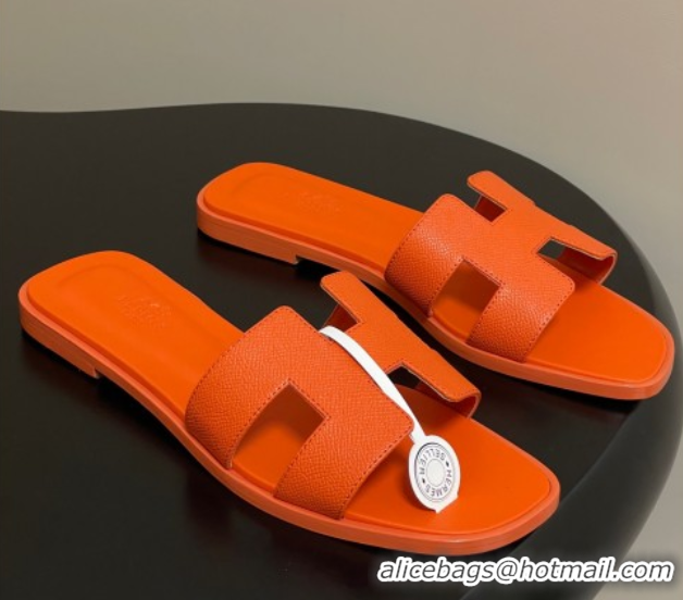 Charming Hermes Oran Classic Flat Slides Sandal in Palm-Grained Calfskin Orange 0819023