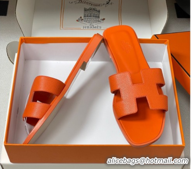 Charming Hermes Oran Classic Flat Slides Sandal in Palm-Grained Calfskin Orange 0819023