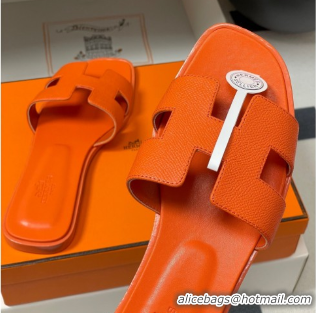 Charming Hermes Oran Classic Flat Slides Sandal in Palm-Grained Calfskin Orange 0819023