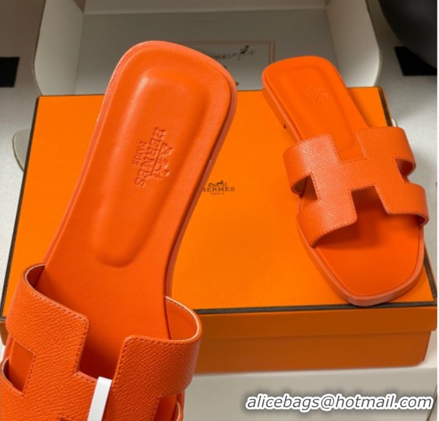 Charming Hermes Oran Classic Flat Slides Sandal in Palm-Grained Calfskin Orange 0819023