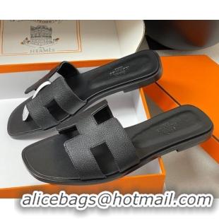 Top Design Hermes Oran Classic Flat Slides Sandal in Palm-Grained Calfskin Black H081803 0819024