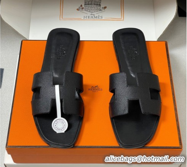 Top Design Hermes Oran Classic Flat Slides Sandal in Palm-Grained Calfskin Black H081803 0819024