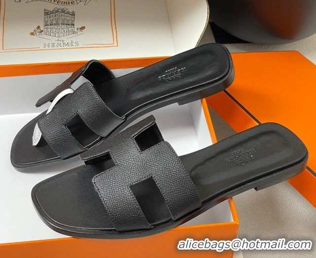 Top Design Hermes Oran Classic Flat Slides Sandal in Palm-Grained Calfskin Black H081803 0819024