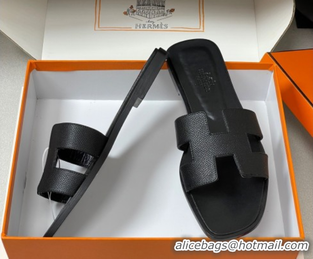 Top Design Hermes Oran Classic Flat Slides Sandal in Palm-Grained Calfskin Black H081803 0819024