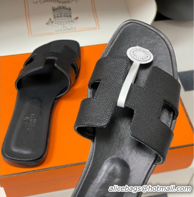 Top Design Hermes Oran Classic Flat Slides Sandal in Palm-Grained Calfskin Black H081803 0819024
