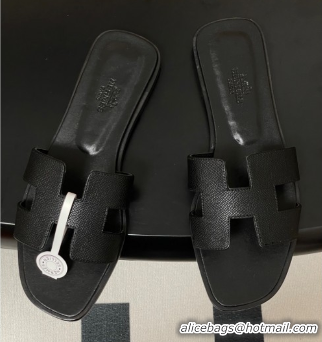Top Design Hermes Oran Classic Flat Slides Sandal in Palm-Grained Calfskin Black H081803 0819024