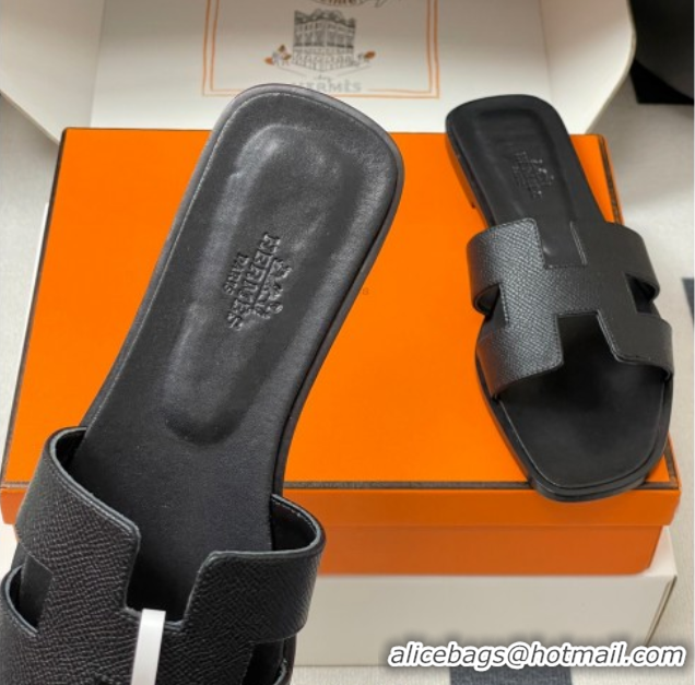Top Design Hermes Oran Classic Flat Slides Sandal in Palm-Grained Calfskin Black H081803 0819024