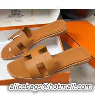 Unique Discount Hermes Oran Classic Flat Slides Sandal in Palm-Grained Calfskin Brown H081803