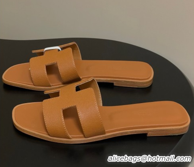Unique Discount Hermes Oran Classic Flat Slides Sandal in Palm-Grained Calfskin Brown H081803