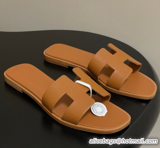 Unique Discount Hermes Oran Classic Flat Slides Sandal in Palm-Grained Calfskin Brown H081803