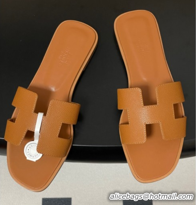 Unique Discount Hermes Oran Classic Flat Slides Sandal in Palm-Grained Calfskin Brown H081803
