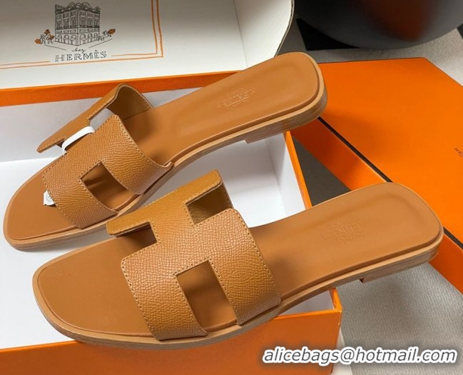 Unique Discount Hermes Oran Classic Flat Slides Sandal in Palm-Grained Calfskin Brown H081803