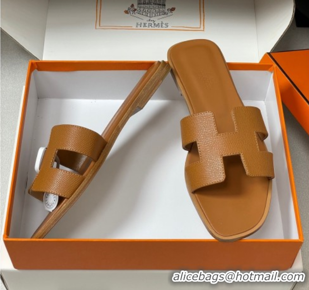 Unique Discount Hermes Oran Classic Flat Slides Sandal in Palm-Grained Calfskin Brown H081803