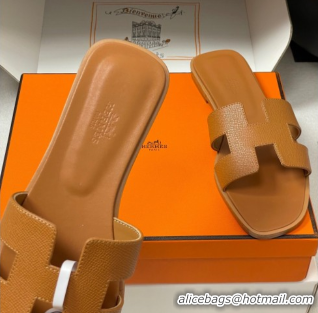 Unique Discount Hermes Oran Classic Flat Slides Sandal in Palm-Grained Calfskin Brown H081803