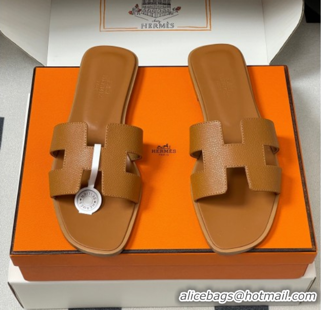 Unique Discount Hermes Oran Classic Flat Slides Sandal in Palm-Grained Calfskin Brown H081803
