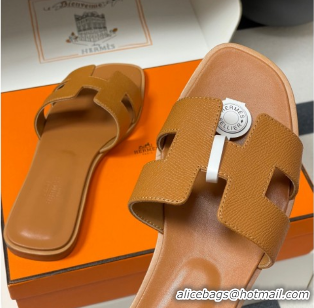 Unique Discount Hermes Oran Classic Flat Slides Sandal in Palm-Grained Calfskin Brown H081803