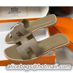 Pretty Style Hermes Oran Classic Flat Slides Sandal in Palm-Grained Calfskin Elephant H081803 0819026