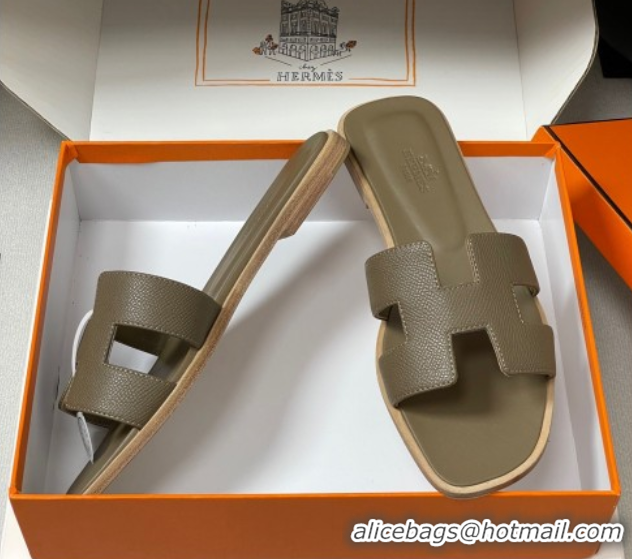 Pretty Style Hermes Oran Classic Flat Slides Sandal in Palm-Grained Calfskin Elephant H081803 0819026