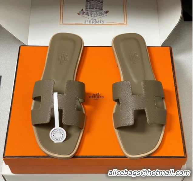 Pretty Style Hermes Oran Classic Flat Slides Sandal in Palm-Grained Calfskin Elephant H081803 0819026