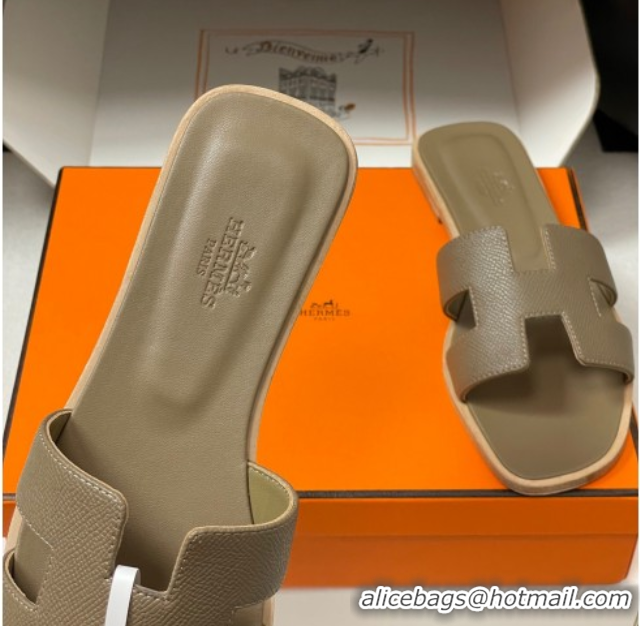 Pretty Style Hermes Oran Classic Flat Slides Sandal in Palm-Grained Calfskin Elephant H081803 0819026