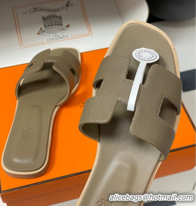 Pretty Style Hermes Oran Classic Flat Slides Sandal in Palm-Grained Calfskin Elephant H081803 0819026