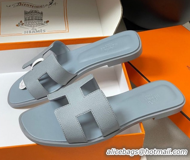 Stylish Hermes Oran Classic Flat Slides Sandal in Palm-Grained Calfskin Grey2 H081803