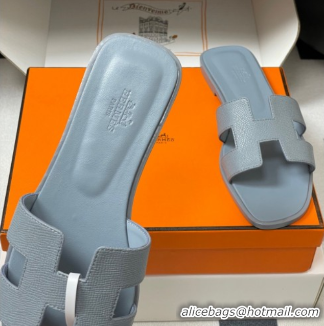 Stylish Hermes Oran Classic Flat Slides Sandal in Palm-Grained Calfskin Grey2 H081803