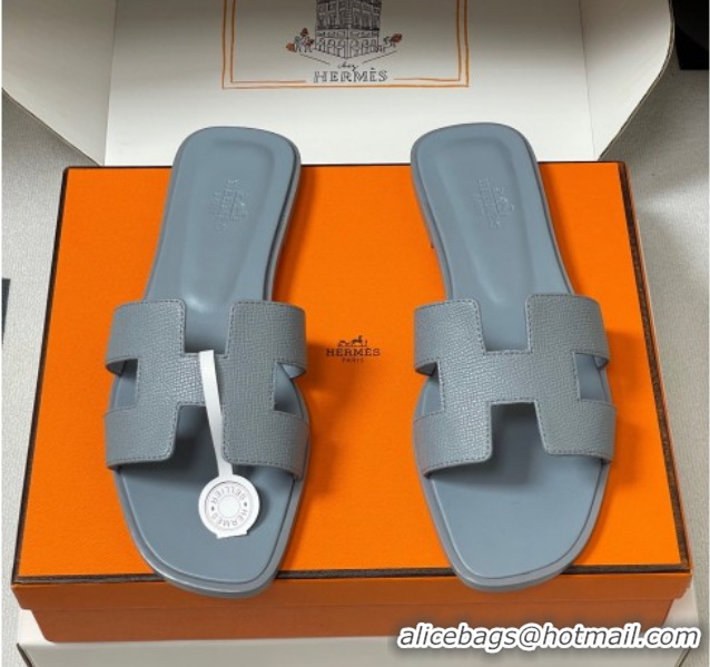 Stylish Hermes Oran Classic Flat Slides Sandal in Palm-Grained Calfskin Grey2 H081803