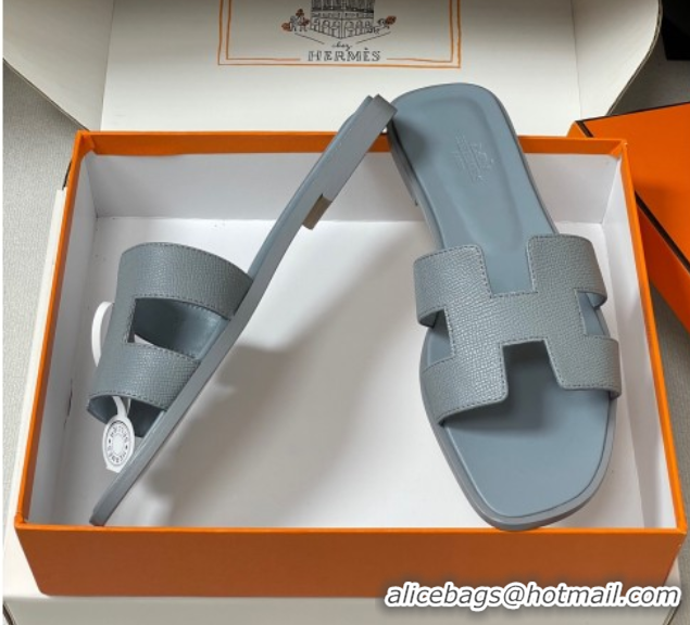 Stylish Hermes Oran Classic Flat Slides Sandal in Palm-Grained Calfskin Grey2 H081803