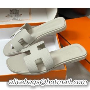 Top Grade Hermes Oran Classic Flat Slides Sandal in Palm-Grained Calfskin Light Grey H081803