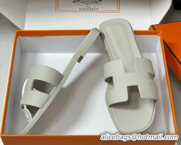 Top Grade Hermes Oran Classic Flat Slides Sandal in Palm-Grained Calfskin Light Grey H081803