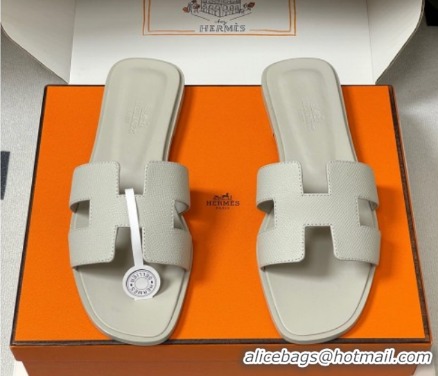 Top Grade Hermes Oran Classic Flat Slides Sandal in Palm-Grained Calfskin Light Grey H081803