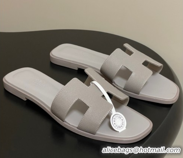 Durable Hermes Oran Classic Flat Slides Sandal in Palm-Grained Calfskin Grey H081803
