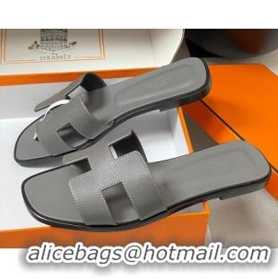 Sumptuous Hermes Oran Classic Flat Slides Sandal in Palm-Grained Calfskin Dark Grey H081803