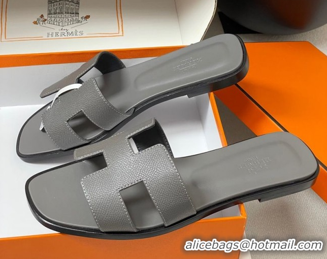 Sumptuous Hermes Oran Classic Flat Slides Sandal in Palm-Grained Calfskin Dark Grey H081803