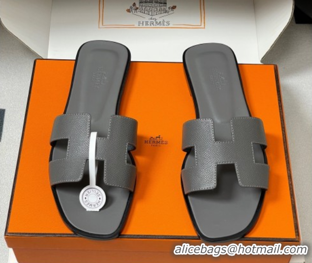 Sumptuous Hermes Oran Classic Flat Slides Sandal in Palm-Grained Calfskin Dark Grey H081803