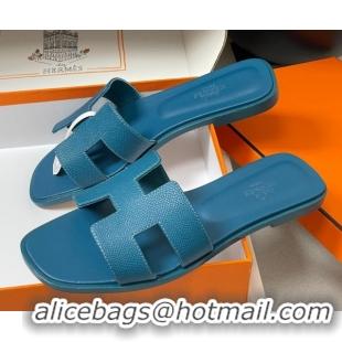 Low Cost Hermes Oran Classic Flat Slides Sandal in Palm-Grained Calfskin Denim Blue H081803