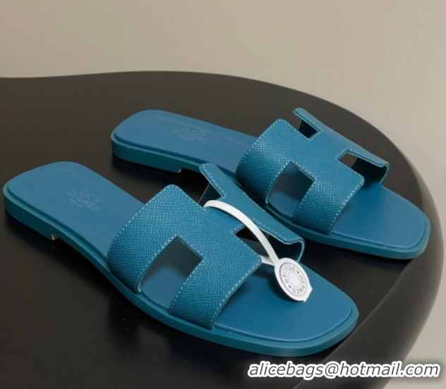 Low Cost Hermes Oran Classic Flat Slides Sandal in Palm-Grained Calfskin Denim Blue H081803