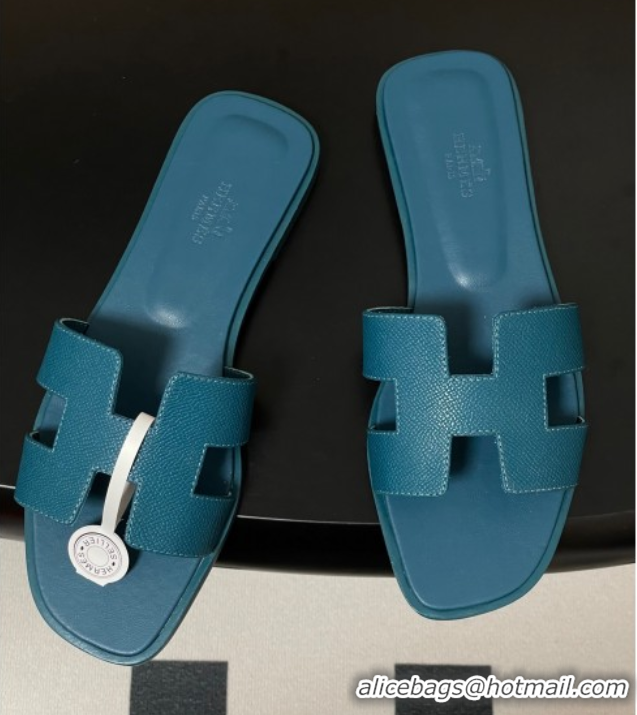 Low Cost Hermes Oran Classic Flat Slides Sandal in Palm-Grained Calfskin Denim Blue H081803
