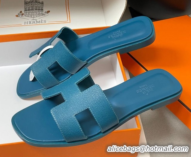 Low Cost Hermes Oran Classic Flat Slides Sandal in Palm-Grained Calfskin Denim Blue H081803