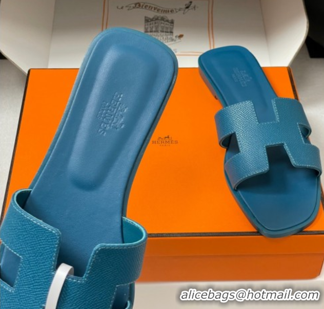 Low Cost Hermes Oran Classic Flat Slides Sandal in Palm-Grained Calfskin Denim Blue H081803