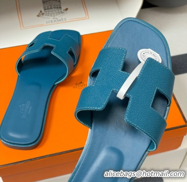 Low Cost Hermes Oran Classic Flat Slides Sandal in Palm-Grained Calfskin Denim Blue H081803